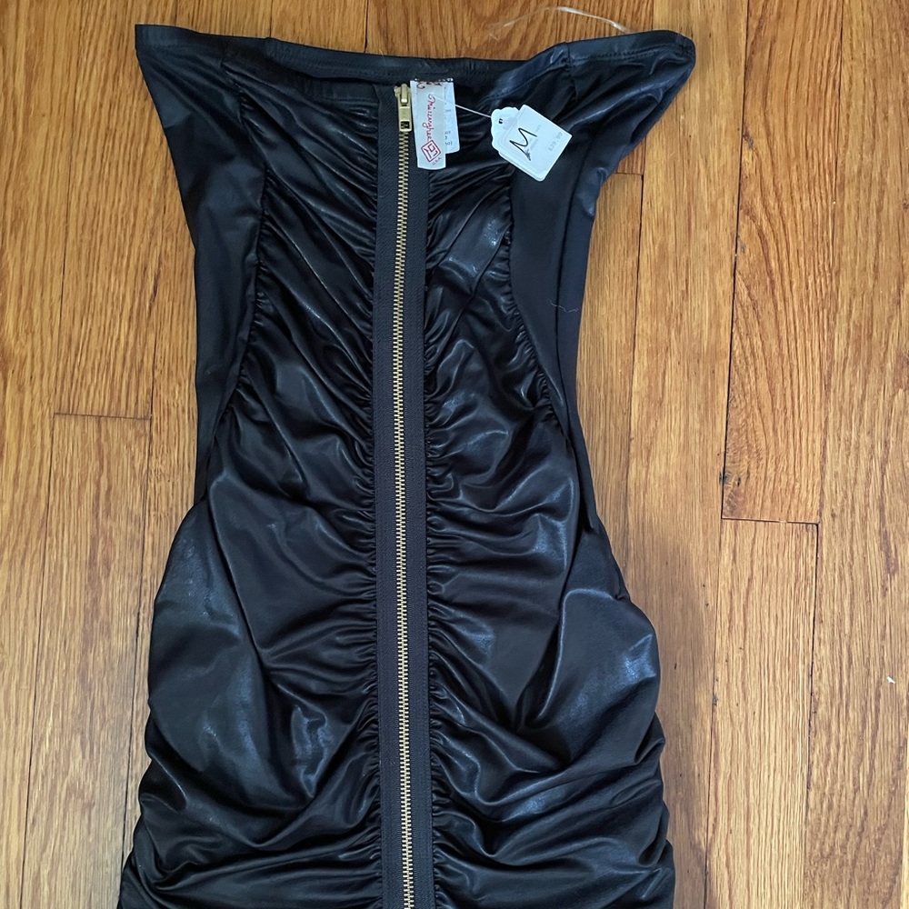 NWT Little Black Strapless Ruched Dress With Gold Zipper Hardware, Medium